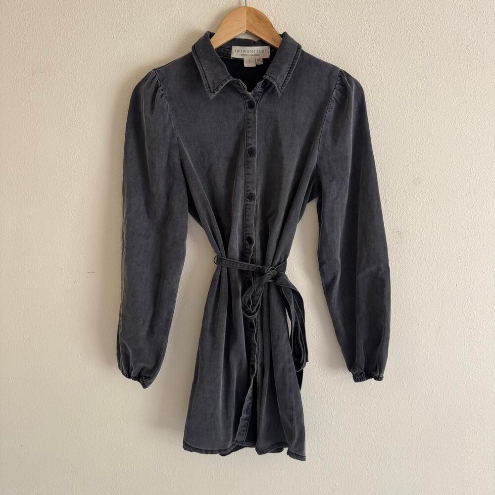 Saltwater Luxe Grey Acid Wash Collared Long Bubble Sleeve Tie Waist Dress Small